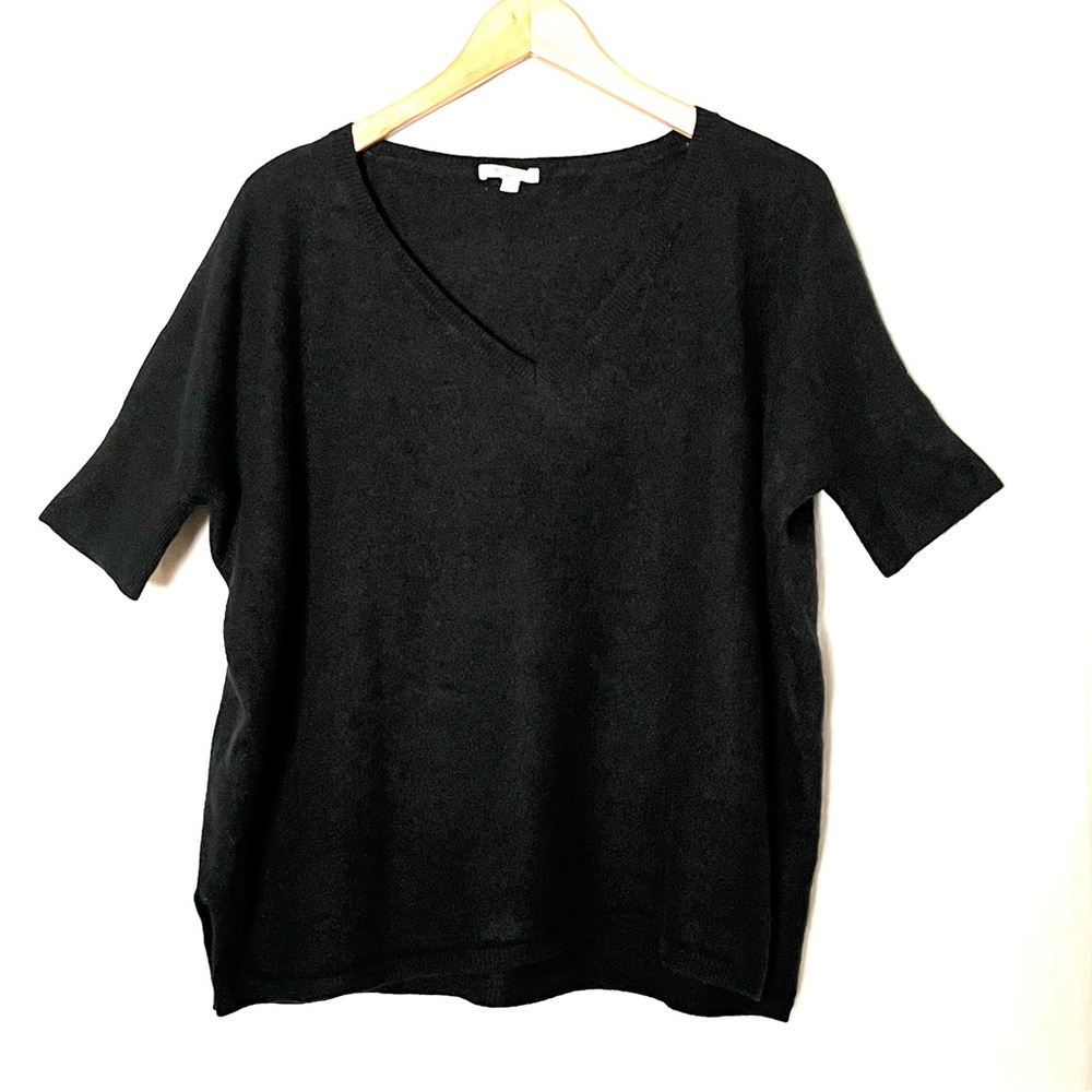 Minnie Rose Thick 100% Cashmere V Neck Sweater Boxy Black